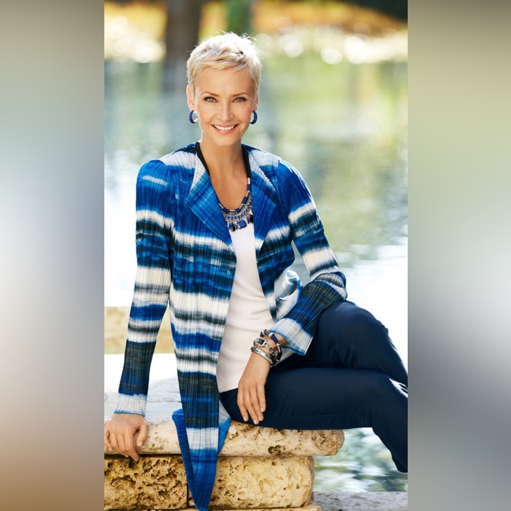 NWT Chico’s India Ink Ocean Stripe Open Front Lightweight Jacket/Topper Size 2